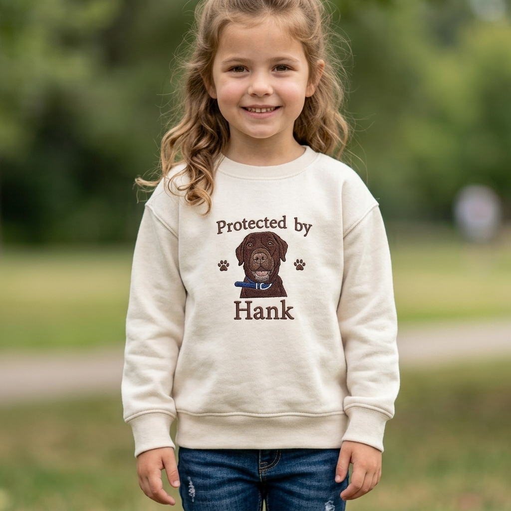 Custom Pet Embroidery Kids Sweatshirt, Personalized Dog Portrait Crewneck, Protected by My Dog Sweatshirt, Custom Pet Name Pullover, Pet Lover Gift