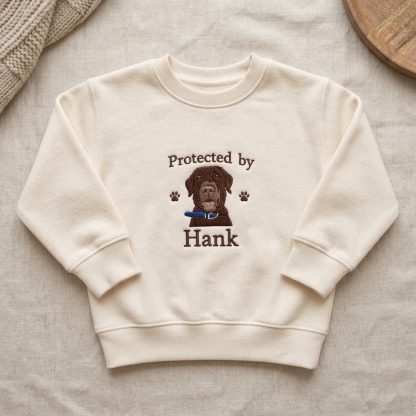 Custom Pet Embroidery Kids Sweatshirt, Personalized Dog Portrait Crewneck, Protected by My Dog Sweatshirt, Custom Pet Name Pullover, Pet Lover Gift