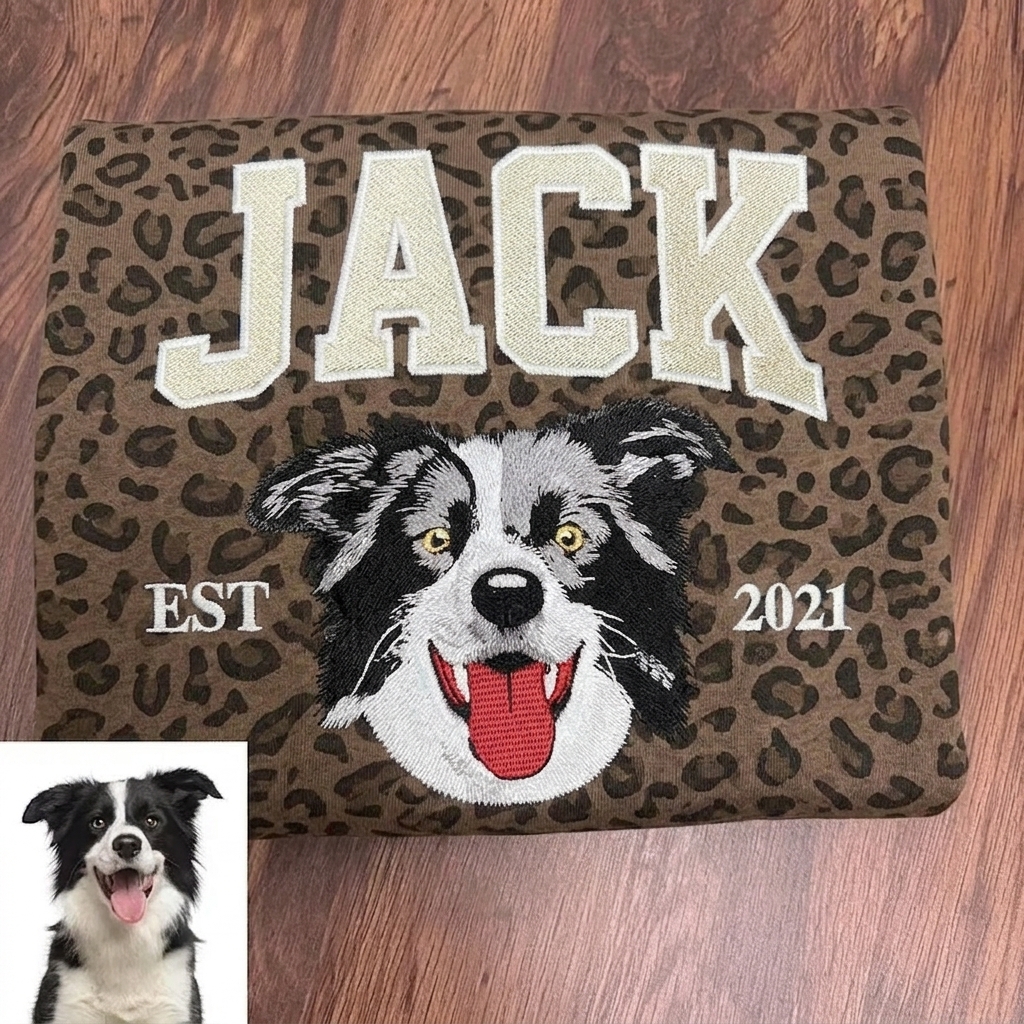 Custom Leopard Print Embroidered Pet Sweatshirt, Personalized Dog Face, Name & EST Year, Pet Mom Gift