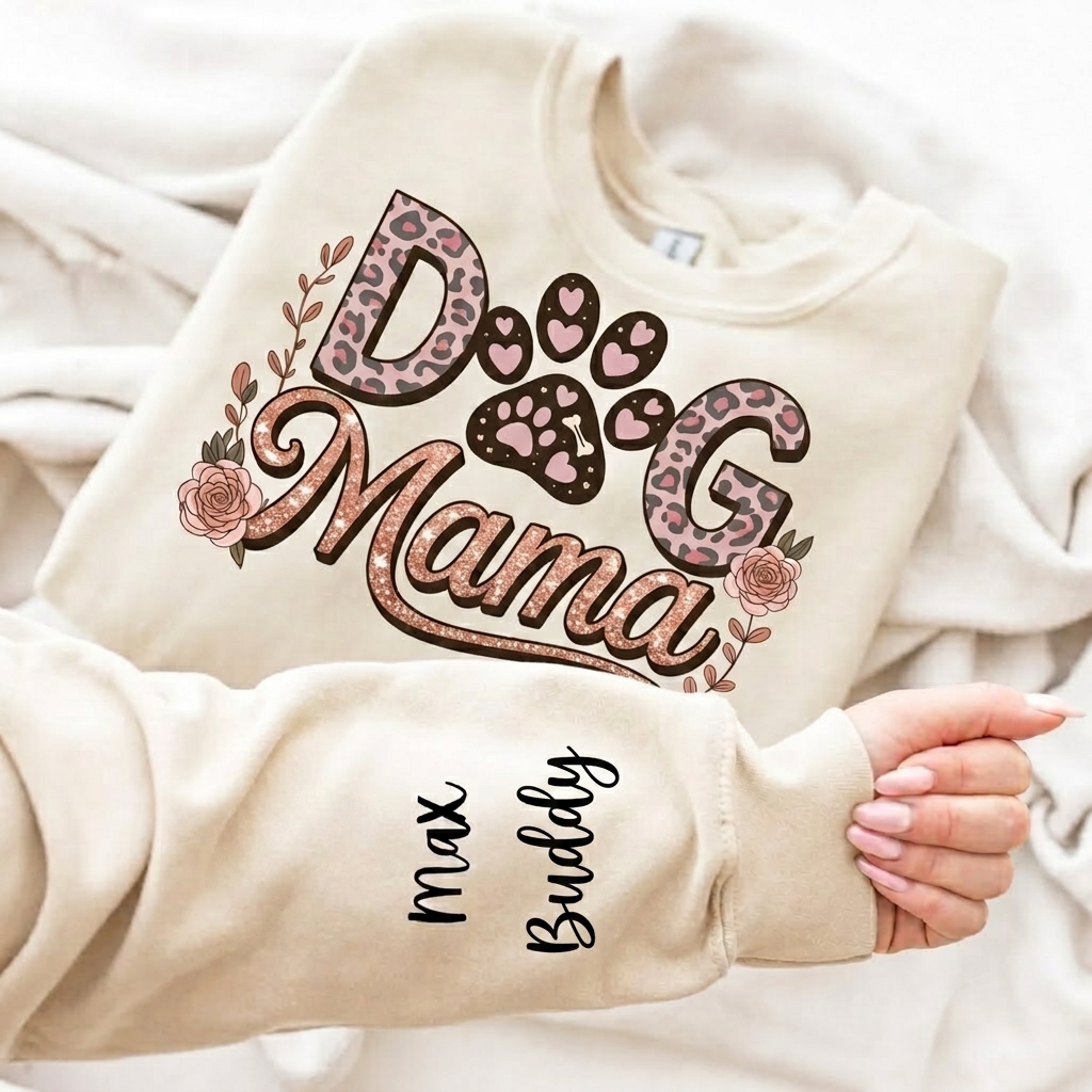 Custom Sparkle Pet Mom T-Shirt, Personalized Pet Name on Sleeve, Rose & Leopard Print Graphic Tee, Stylish Dog Mom Shirt, Pet Lover Gift