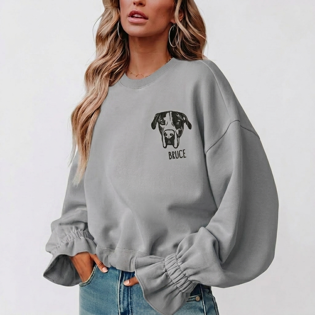 Custom Pet Embroidered Women's Casual Crew Neck Sweatshirt, Personalized Dog Portrait Long Sleeve Ruched Loose Fitting Pullover Top