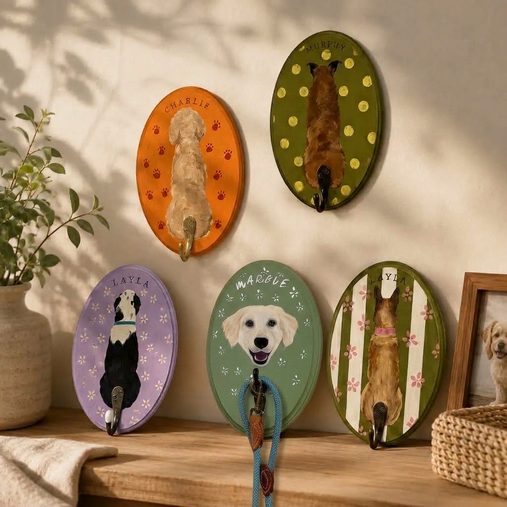 Custom Hand-Painted Pet Tail Hook, Personalized Dog & Cat Portrait Leash Holder, Pet Name Wall Decor, Dog Lover Gift