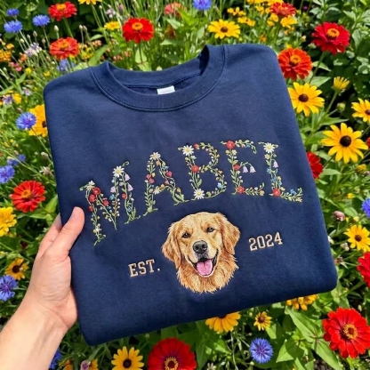 Custom Pet Portrait Embroidered Sweatshirt With Floral & EST. Year Design,Pet Lover Gift