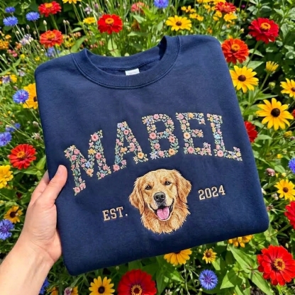 Custom Pet Portrait Embroidered Sweatshirt With Floral & EST. Year Design,Pet Lover Gift