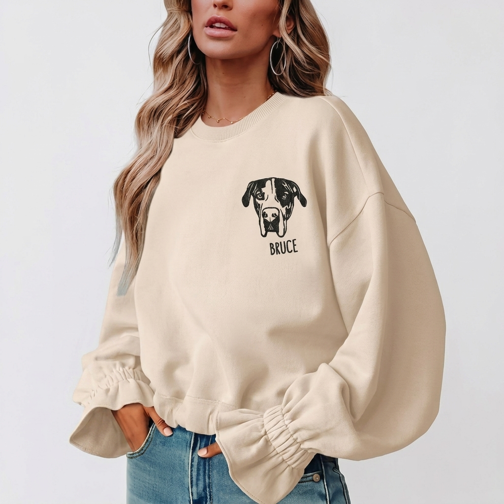 Custom Pet Embroidered Women's Casual Crew Neck Sweatshirt, Personalized Dog Portrait Long Sleeve Ruched Loose Fitting Pullover Top