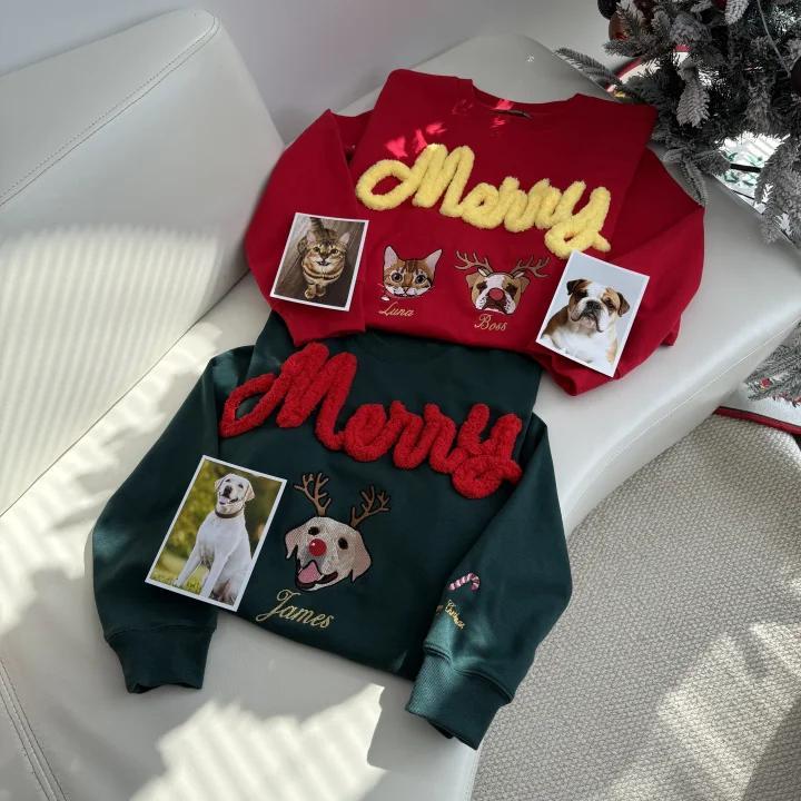 Custom Pet Photo Christmas Embroidery And Chenille Yarn Double-Process Christmas Sweatshirt/Hoodie