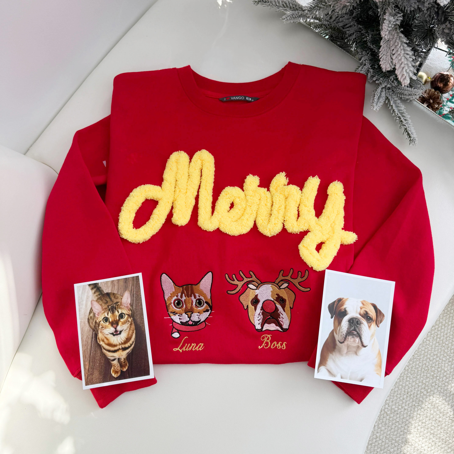 Custom Pet Photo Christmas Embroidery And Chenille Yarn Double-Process Christmas Sweatshirt/Hoodie