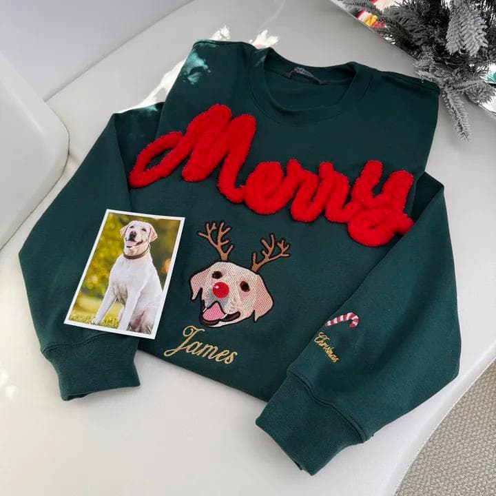 Custom Pet Photo Christmas Embroidery And Chenille Yarn Double-Process Christmas Sweatshirt/Hoodie