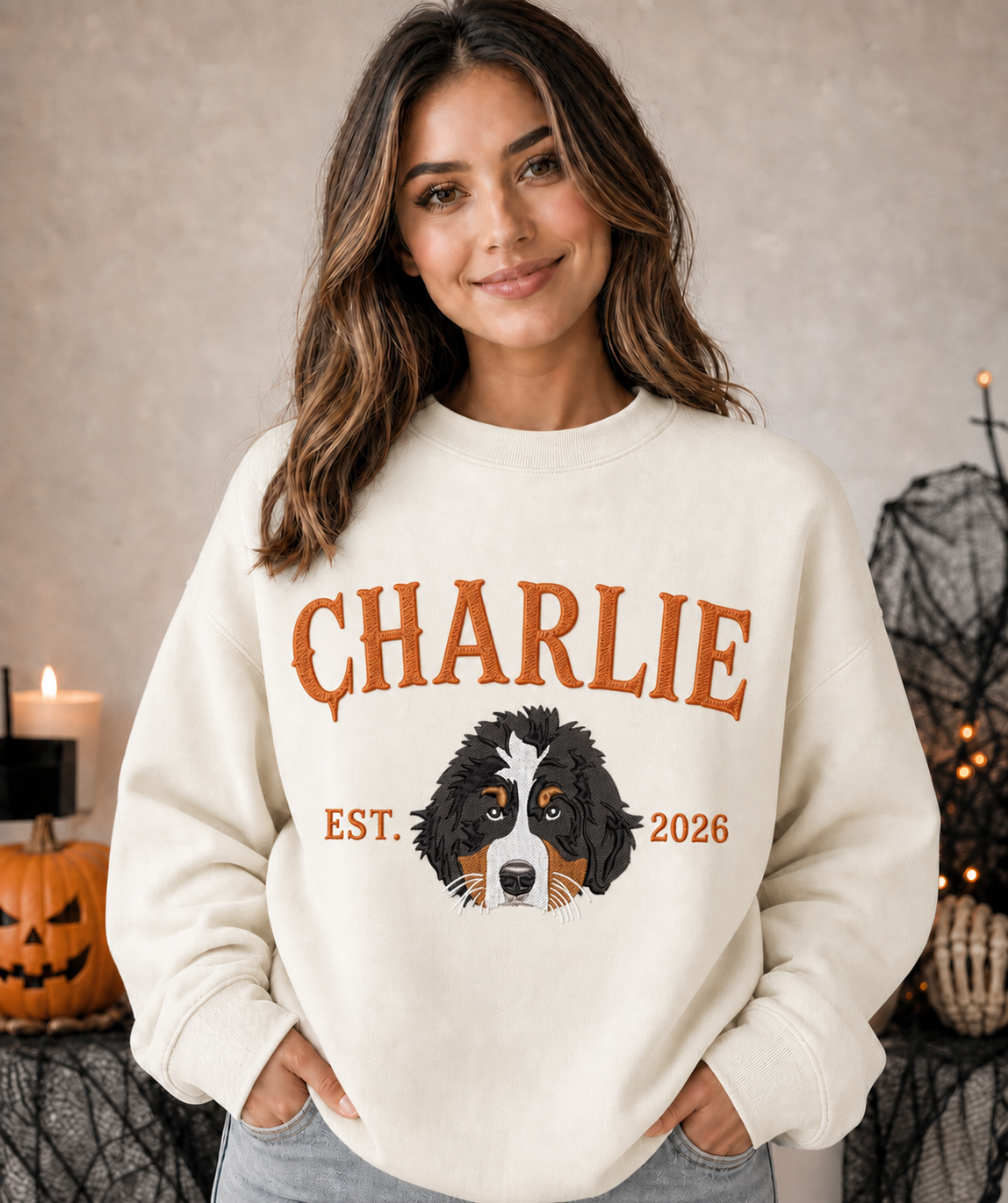 Personalized Halloween Pet Portrait Embroidered Sweatshirt – Personalized Dog & Cat Halloween Gift for Pet Lovers