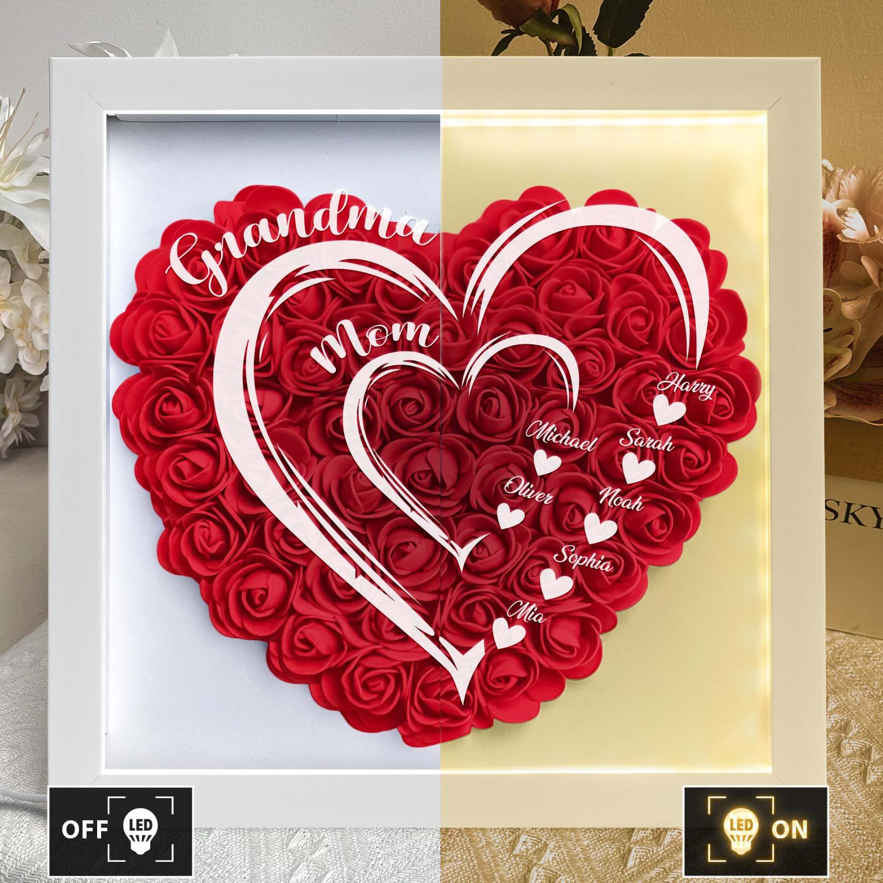 Mom Grandma Hearts Custom Kids' Names - Personalized Flower Shadow Box With LED Light-forlovever