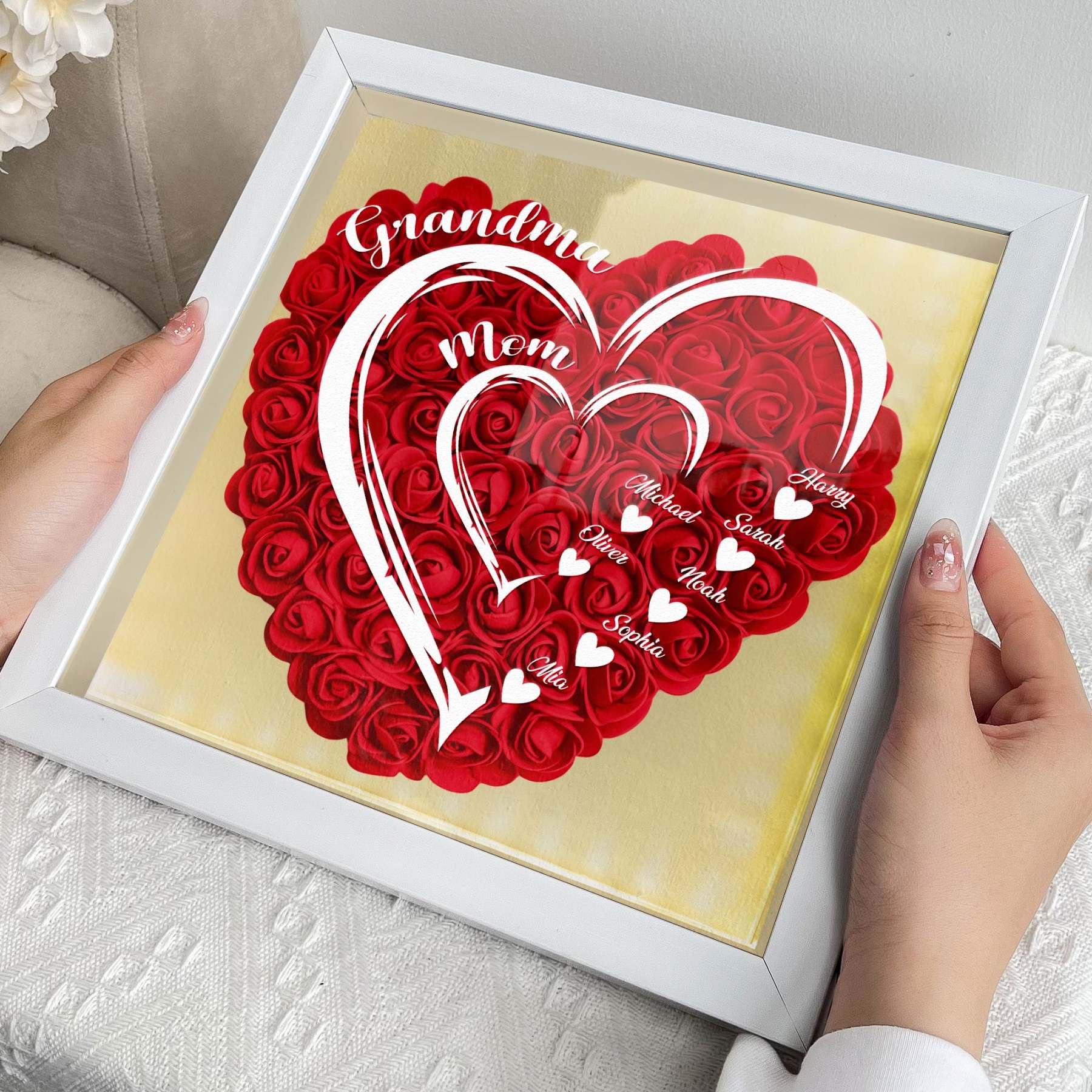 Mom Grandma Hearts Custom Kids' Names - Personalized Flower Shadow Box With LED Light-forlovever