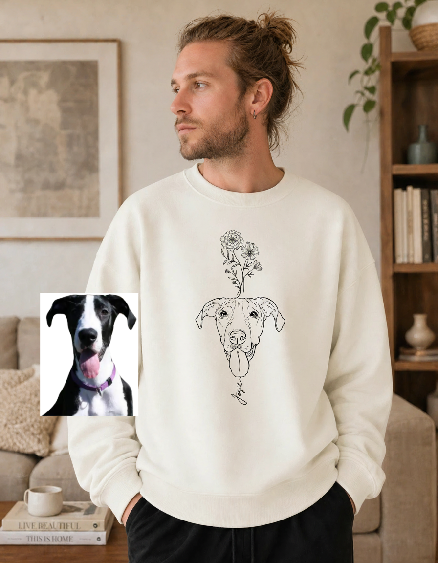 Custom Pet Portrait Birth Flower Print Sweatshirt | Personalized Fine Line Pet Art Memorial Crewneck