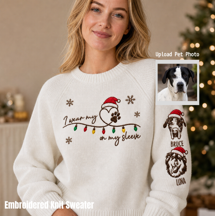 Custom Embroidered Pet Portrait Knit Sweater with Sleeve Name & Xmas Hat, Personalized Pet Lover Christmas Gift