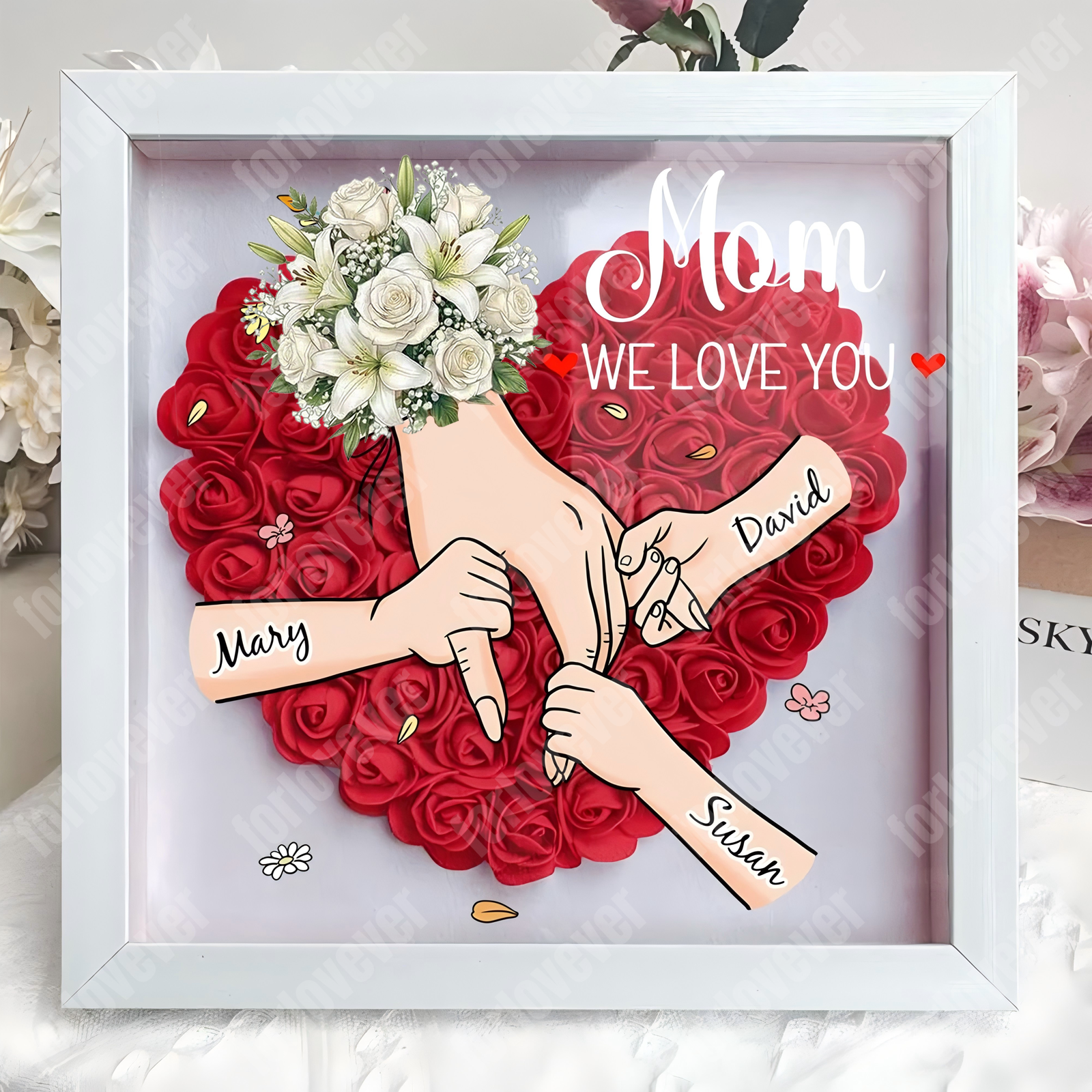 Forlovever™ Personalized Floral Mommy Holding Hands Shadow Box – Custom Kids Names Floral Heart Frame Gift for Mom & Grandma | Mother’s Day Gift