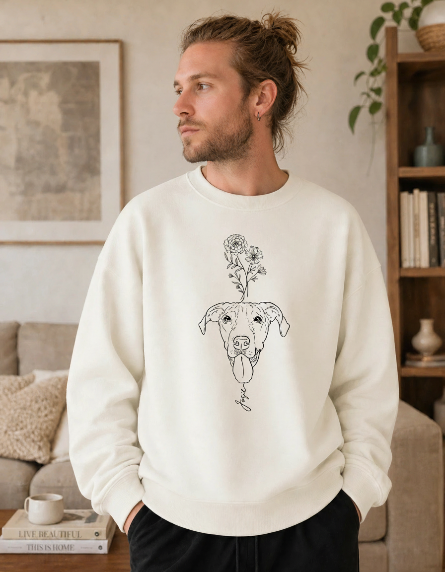Custom Pet Portrait Birth Flower Print Sweatshirt | Personalized Fine Line Pet Art Memorial Crewneck