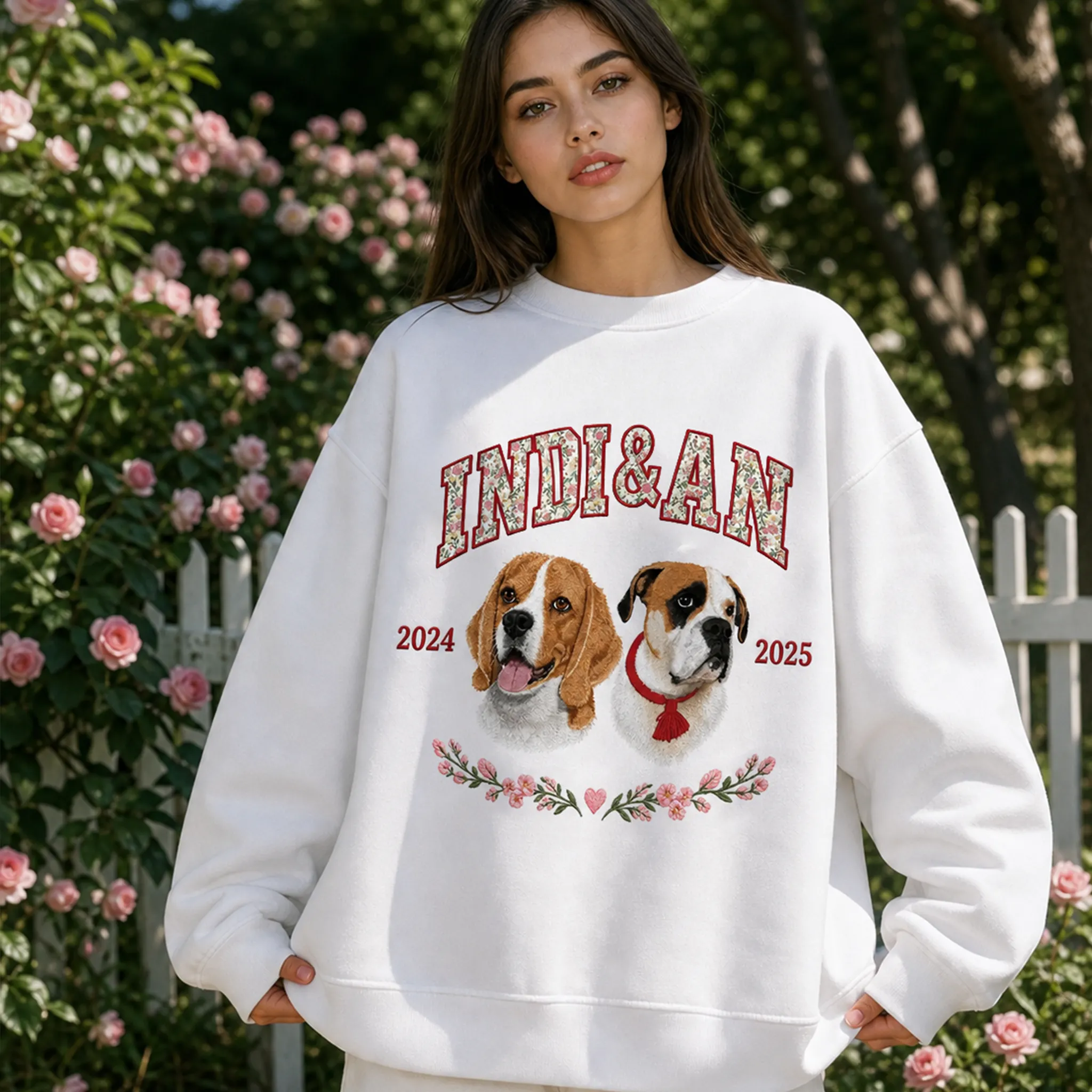 Custom Multiple Pet Portrait Floral Applique Embroidered Sweatshirt Personalized Dog Cat Gift for Pet Lovers