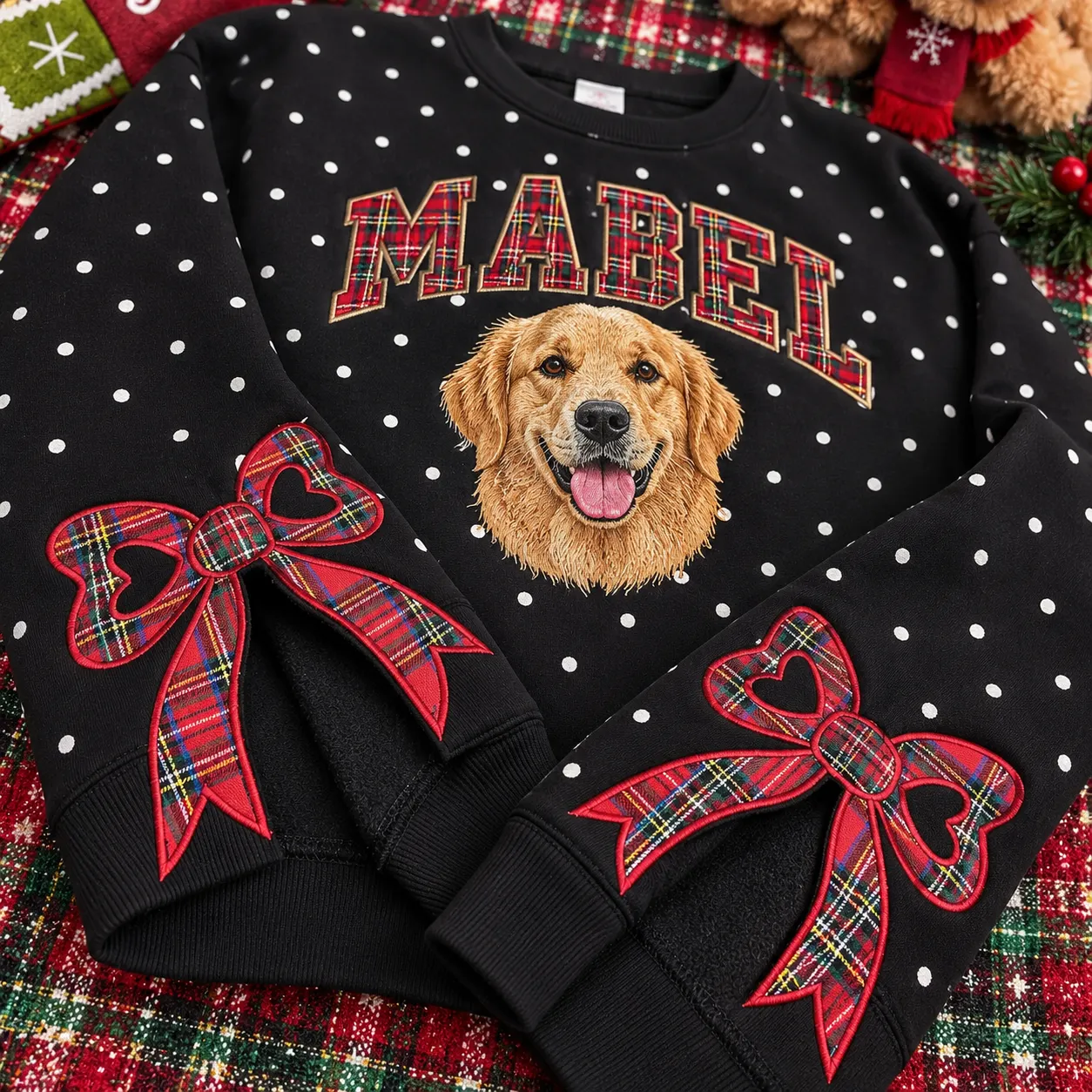 Personalized Pet Portrait Embroidered Polka Dot Sweatshirt with Plaid Bow Side Slits