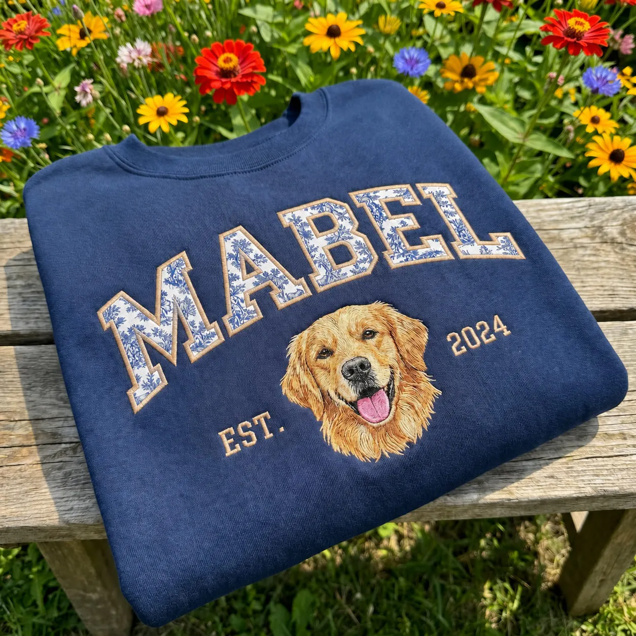 Custom Pet Portrait Embroidered Sweatshirt with Chinoiserie Appliqué Name