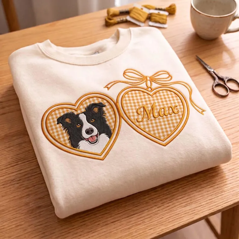 Custom Pet Portrait Embroidered Sweatshirt with Locket Heart Coquette Bow Design