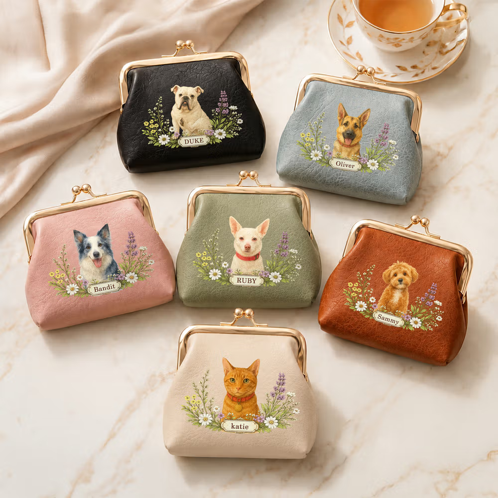 Personalized Floral Pet Photo Portable PU Leather Coin Purse with Name and Kiss Lock Travel Essential Birthday Gift for Dog Cat Pet Owner Lovers
