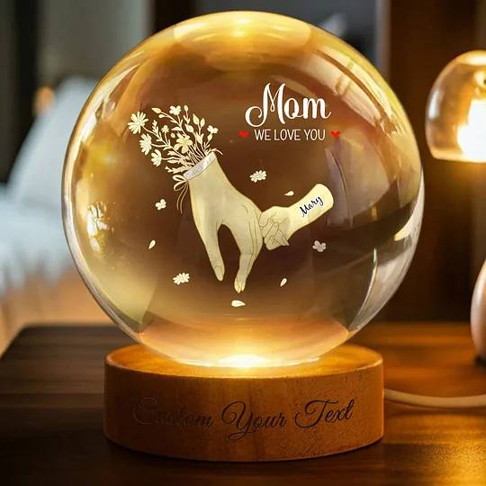 Holding Mommy's Hand and We Love You - Child's Name Lamp, Crystal 3D Ball Lamp