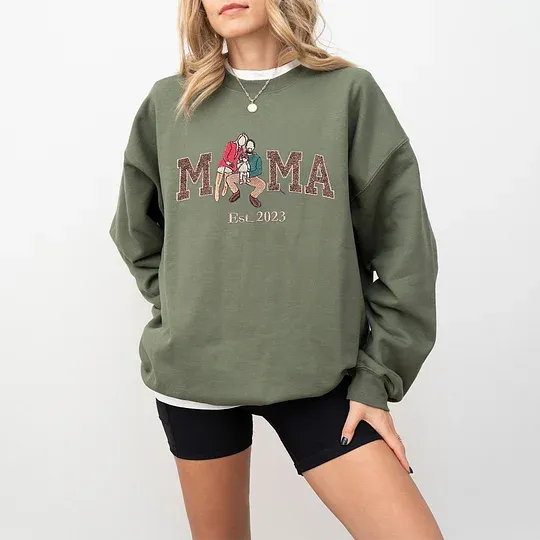 Personalized MOM Embroidered Family Photo Glitter T-shirt Sweatshirt