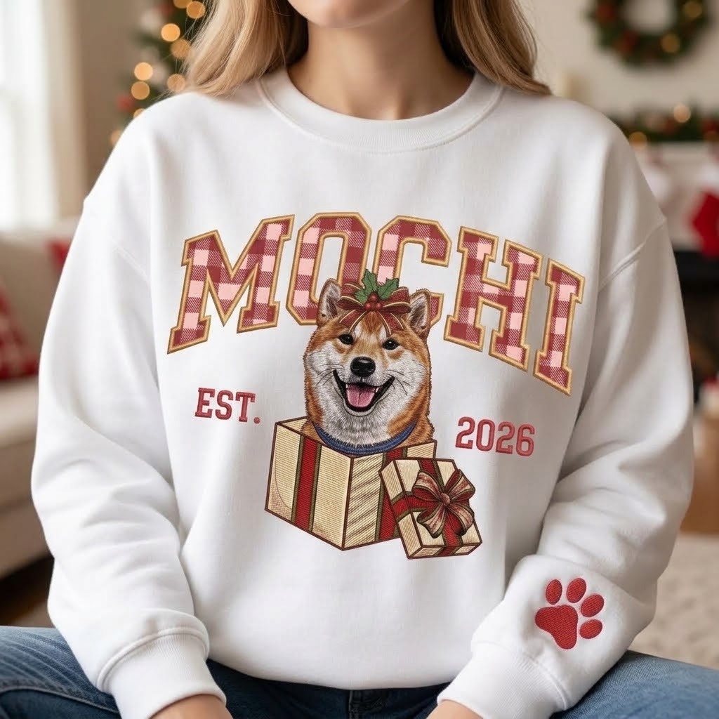 Custom Dog Portrait Christmas Sweatshirt, Personalized Pet Name Gingham Pullover