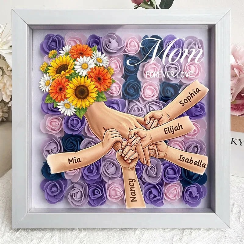 Forlovever™ Sunflower Personalized Mom Holding Hands Memorial Shadow Box – Custom Name Remembrance Frame, Mother’s Day In Loving Memory Gift