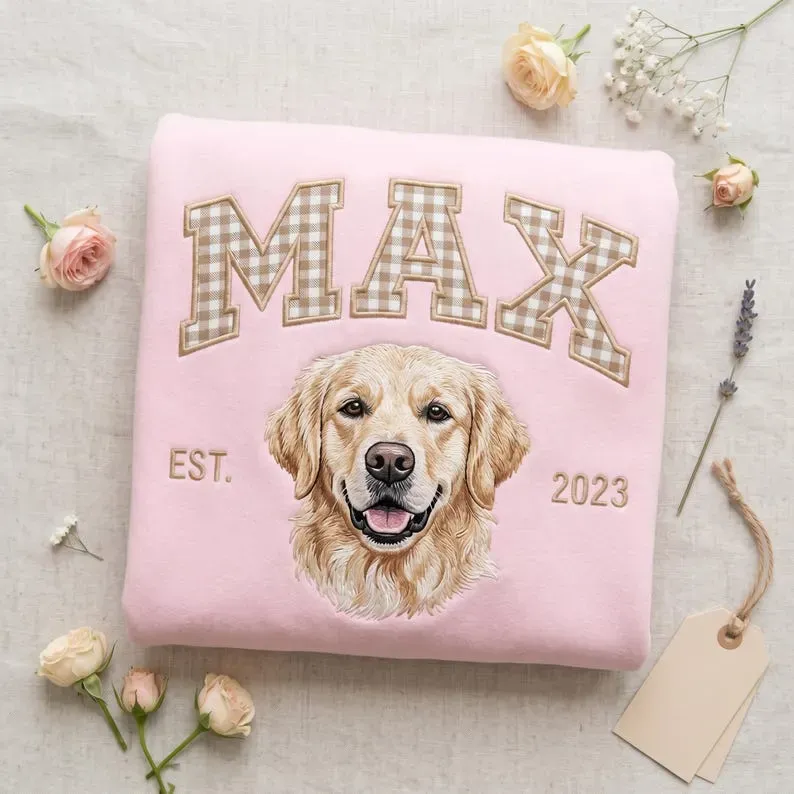 Custom Pet Portrait Embroidered Sweatshirt with Gingham Varsity Name