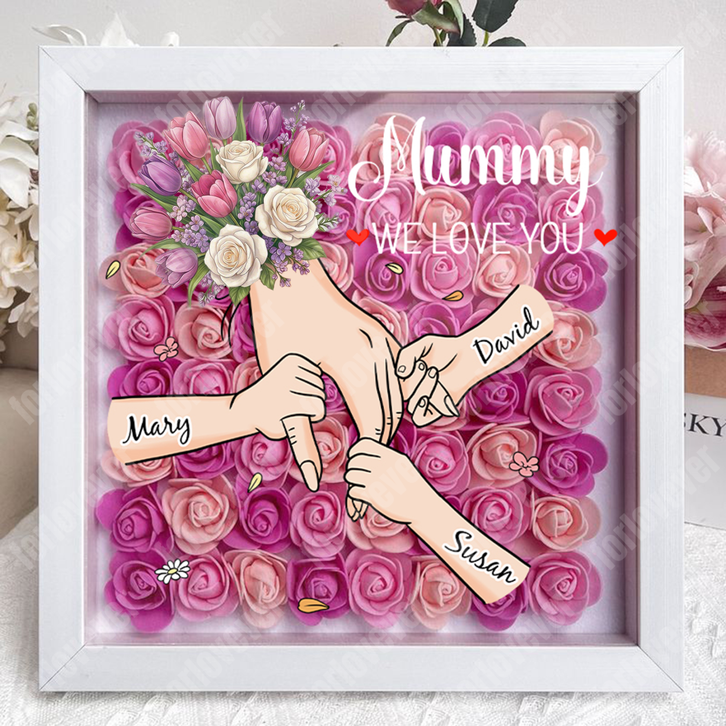 Forlovever™ Personalized Floral Mommy Holding Hands Shadow Box – Custom Kids Names Floral Heart Frame Gift for Mom & Grandma | Mother’s Day Gift