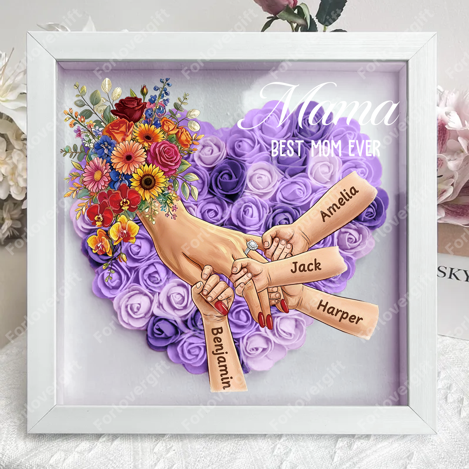Forlovever™ Personalized Mommy Holding Hands Shadow Box – Custom Kids Names Floral Heart Frame Gift for Mom & Grandma | Mother’s Day Gift