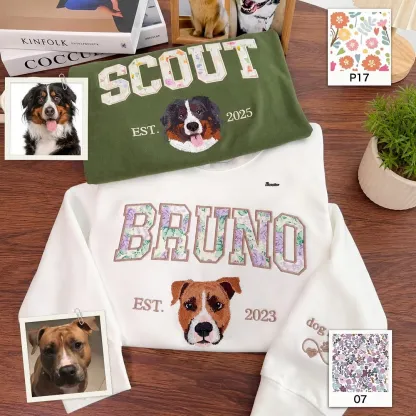 Custom Pet Portrait Floral Applique Embroidered T-Shirt Sweatshirt - Personalized Gift for Pet Lovers with EST Year