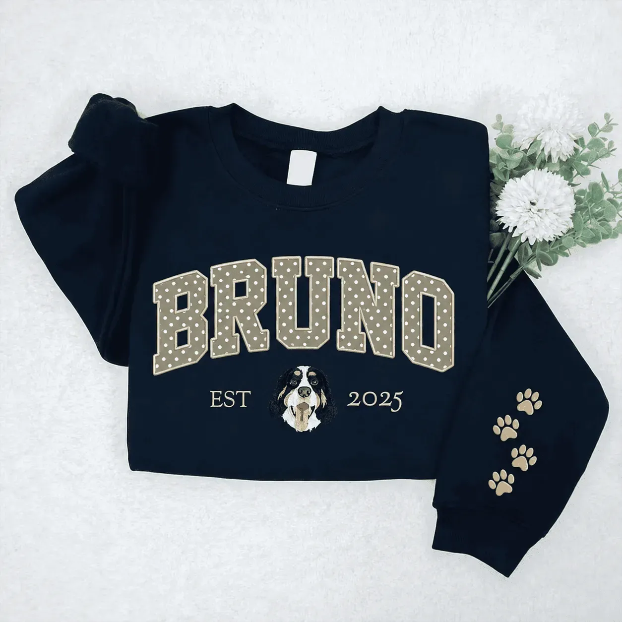 Custom Pet Portrait Embroidered Sweatshirt with Polka Dot Applique Varsity Name