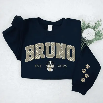 Custom Pet Portrait Embroidered Sweatshirt with Polka Dot Applique Varsity Name