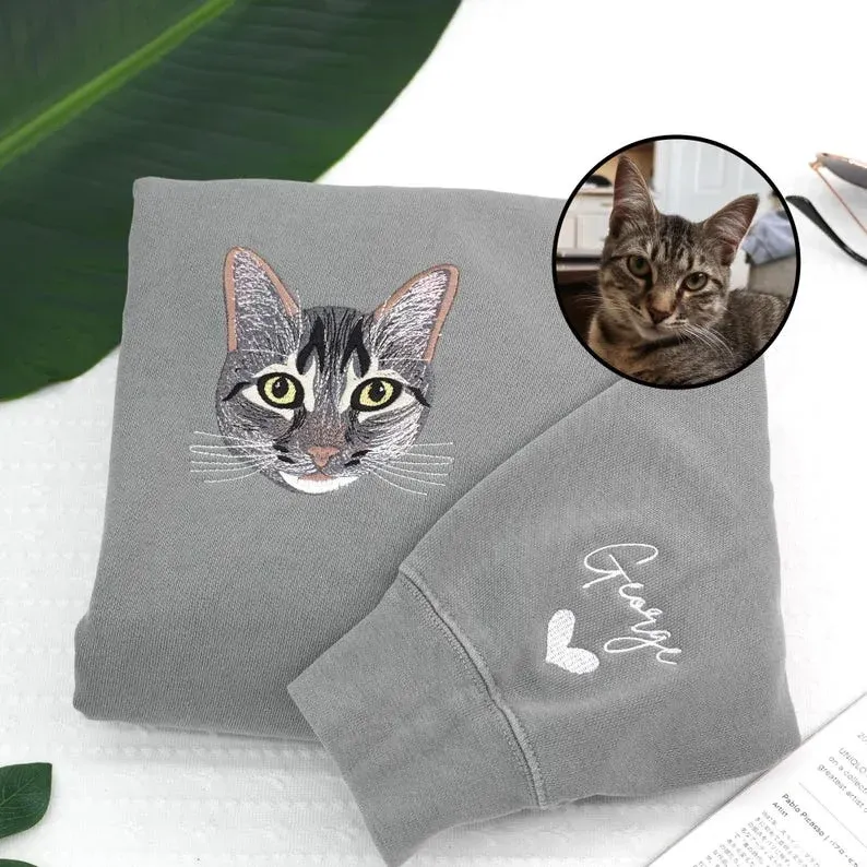 Custom Pet Face Portrait Embroidered Sweatshirt,Cat Mom Hoodie,Dog Mom Hoodie