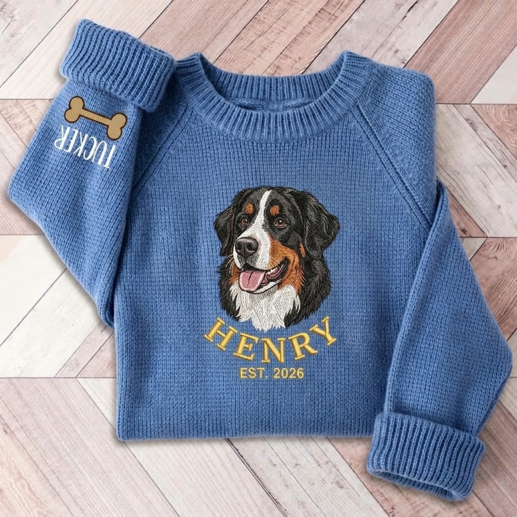 Custom Pet Portrait Knit Sweater, Personalized Dog Embroidered Sweater, Pet Lover Gift