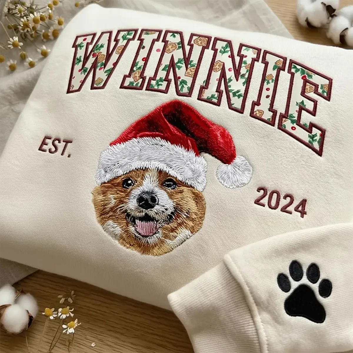 Custom Pet Portrait Embroidered Sweatshirt with Christmas Festive Name Applique