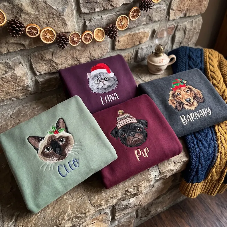 Personalized Pet Christmas Sweatshirt — Embroidered Dog or Cat Portrait with Holiday Hat