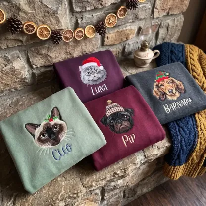 Personalized Pet Christmas Sweatshirt — Embroidered Dog or Cat Portrait with Holiday Hat