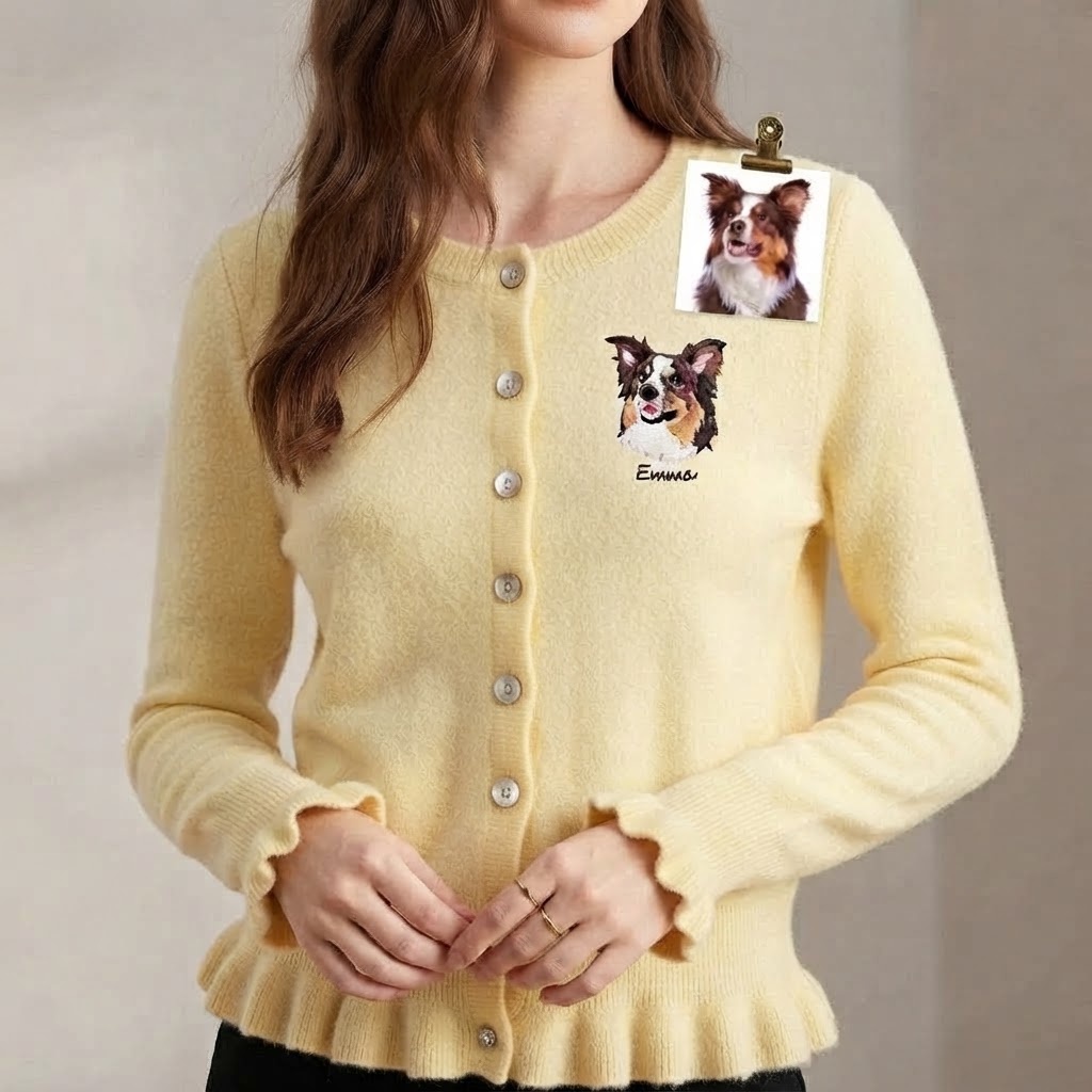 Custom Pet Portrait Ruffle Knit Cardigan, Personalized Embroidered Dog & Cat Sweater, Cozy Fall Winter Outfit for Pet Lovers