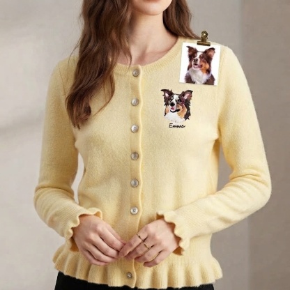 Custom Pet Portrait Ruffle Knit Cardigan, Personalized Embroidered Dog & Cat Sweater, Cozy Fall Winter Outfit for Pet Lovers
