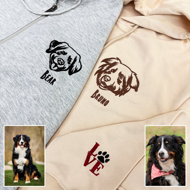 Custom Pet Portrait Embroidered Portrait Hooded Zip Up Hoodie