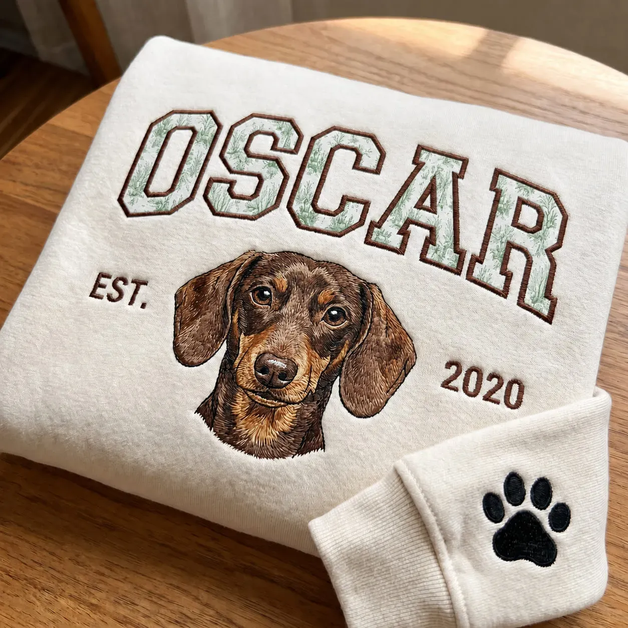 Custom Pet Portrait Embroidered Sweatshirt with Chinoiserie Appliqué Name