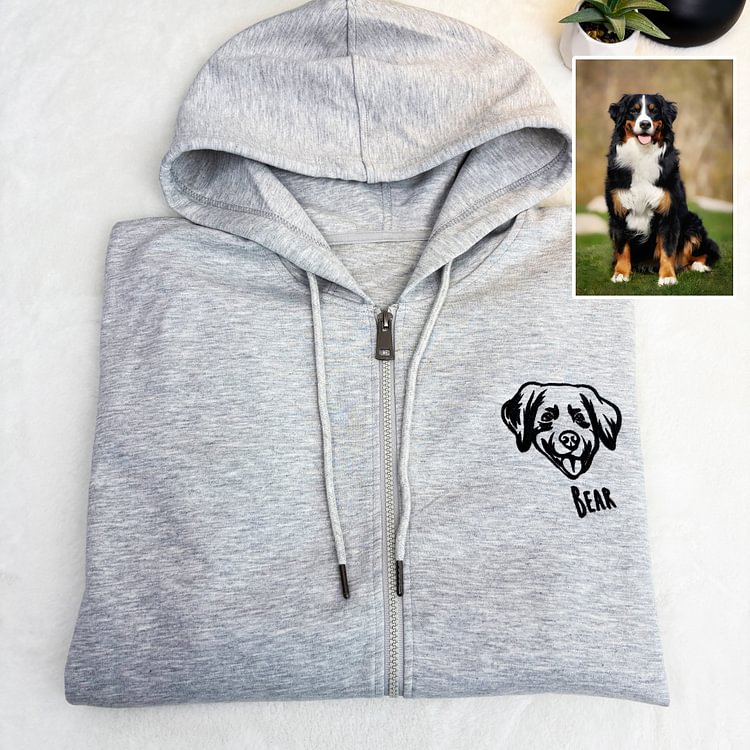 Custom Pet Portrait Embroidered Portrait Hooded Zip Up Hoodie