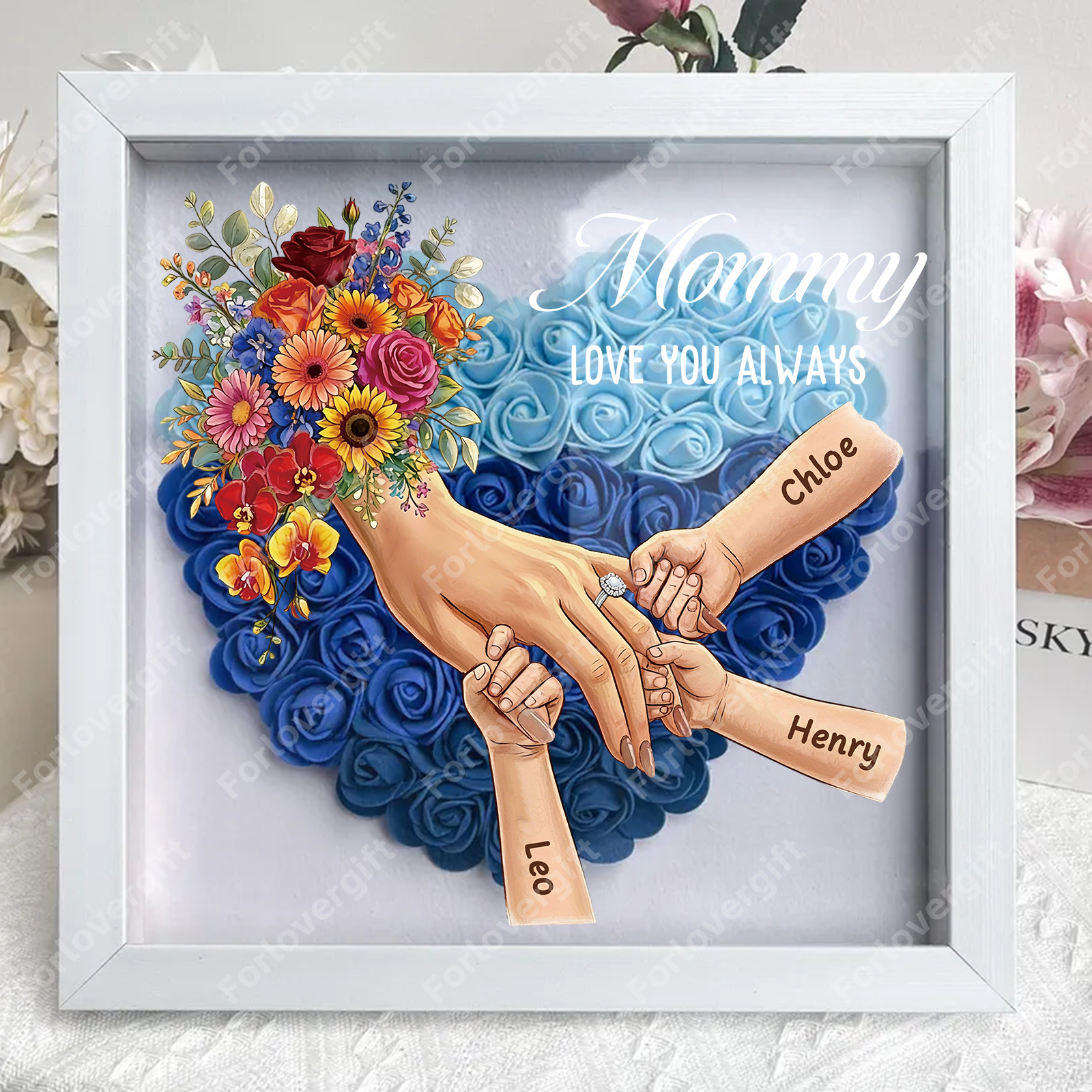 Forlovever™ Personalized Mommy Holding Hands Shadow Box – Custom Kids Names Floral Heart Frame Gift for Mom & Grandma | Mother’s Day Gift