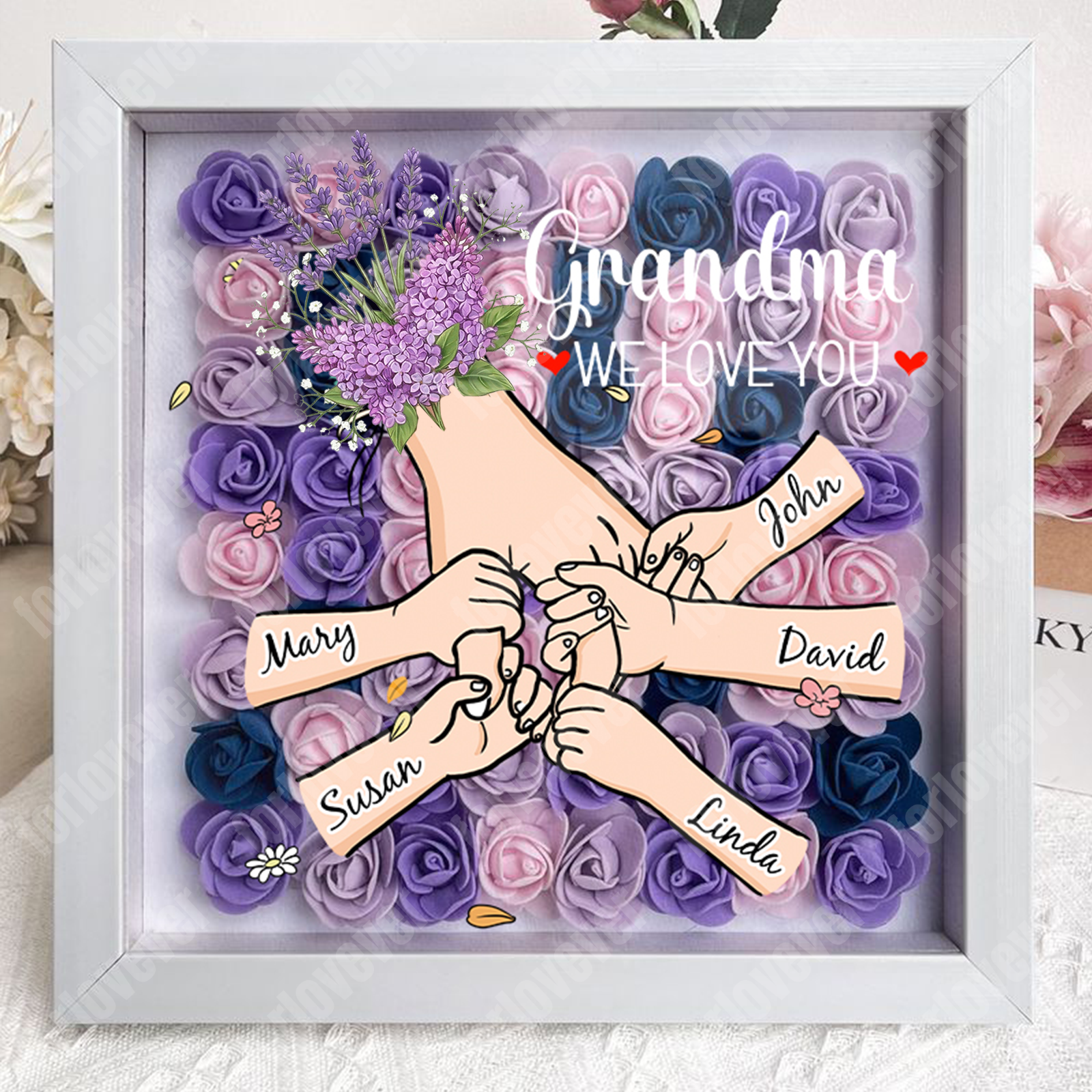 Forlovever™ Personalized Floral Mommy Holding Hands Shadow Box – Custom Kids Names Floral Heart Frame Gift for Mom & Grandma | Mother’s Day Gift
