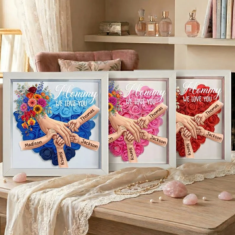 Forlovever™ Personalized Mommy Holding Hands Shadow Box – Custom Kids Names Floral Heart Frame Gift for Mom & Grandma | Mother’s Day Gift