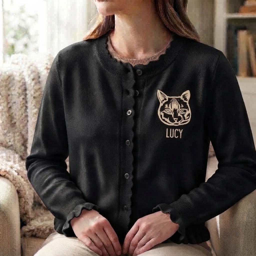 Custom Pet Portrait Ruffle Knit Cardigan, Personalized Embroidered Dog & Cat Sweater, Cozy Fall Winter Outfit for Pet Lovers