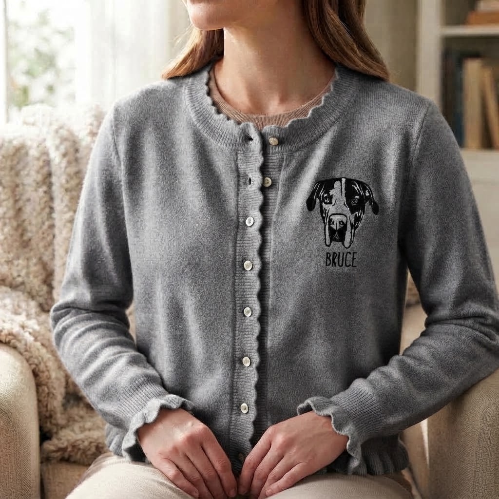 Custom Pet Portrait Ruffle Knit Cardigan, Personalized Embroidered Dog & Cat Sweater, Cozy Fall Winter Outfit for Pet Lovers