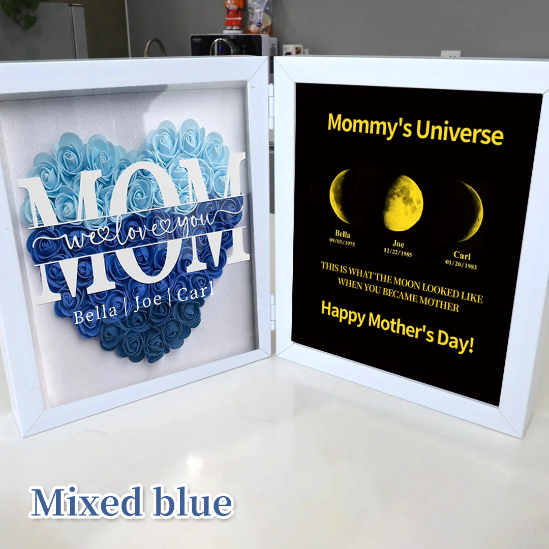 Mum We Love You With REAL MOON PHASE Anniversary Calendar - Mummy's Universe Personalized Heart Shape Flower Shadow Box-forlovever